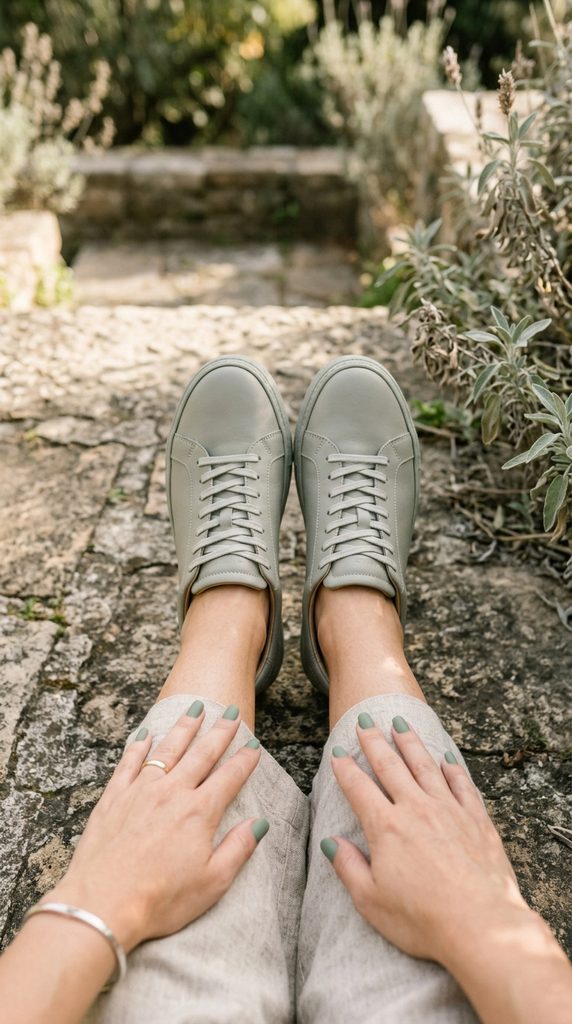 Cor escolhida para 2027, tendência moda, paleta verde-pedra, verde sálvia, calçados, roupas, unhas verde pedra